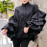 Fashion Long Flare Sleeve Women Vintage Blouse 2022 Ruffled Shirts Casual Long Sleeve Tops Buttons Elegant Party Blusas