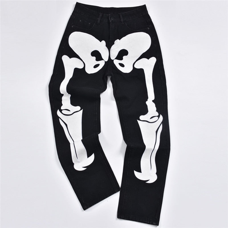Graduation Gifts  Skeleton Patterned Low Rise Jeans Streetwear Women Black Denim Trousers Cyber Y2k Goth Pants Fall 2021 C82-EF60