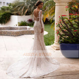 Champagne Mermaid Wedding Dresses Elegant Lace Appliques Long Sleeve Backless V Neck Court Train Bridal Gowns for Women