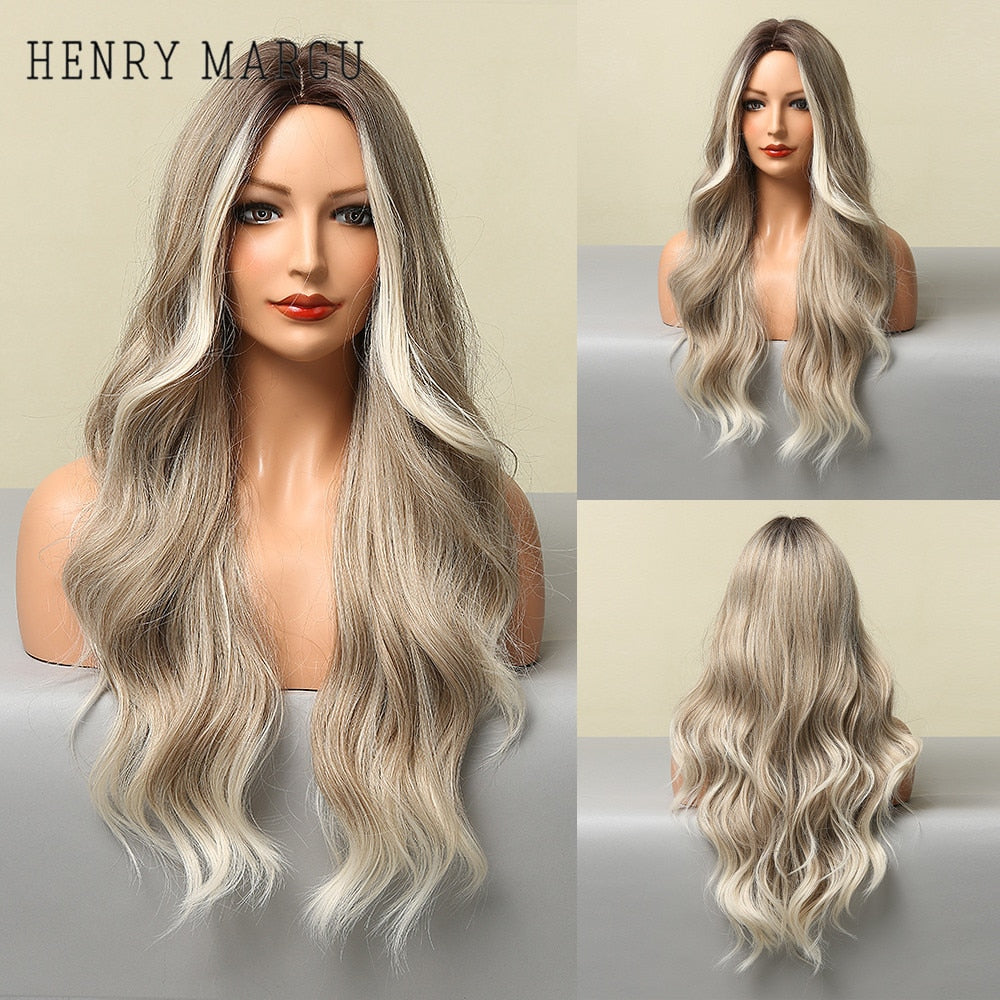 Long Ombre Brown Light Ash Platinum Blonde Wavy Wigs Cosplay Party Synthetic Wig for Women High Temperature Fibre