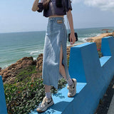 Wenkouban Hem Single Slits Zipper A-Line High Waist Side Slit Denim Casual Long Skirt Female Summer 2023 New Thin Girl Bag Hip Ins Tide