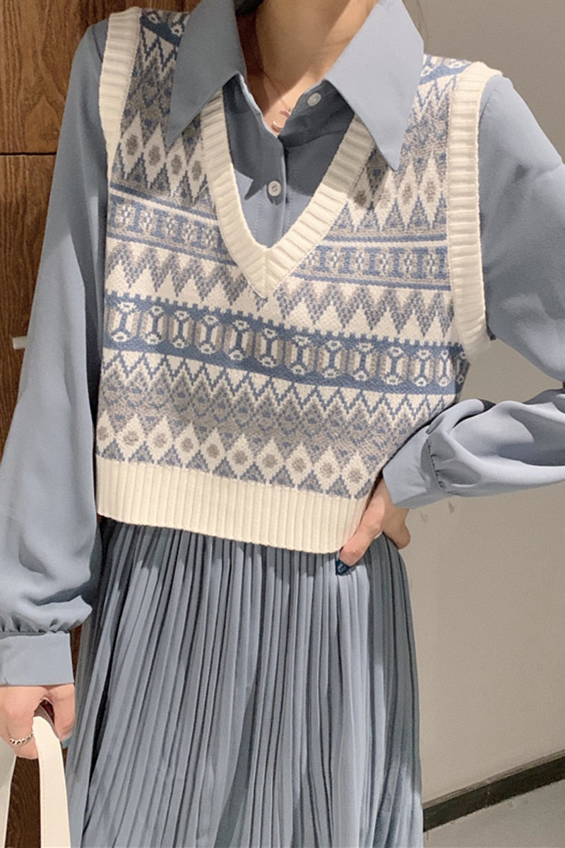 Wenkouban Vintage Argyle Knitted Vest Women V-Neck Sleeveless Oversized Pullovers Female Waistcoat Tops Autumn Casual Loose Sweater Vest