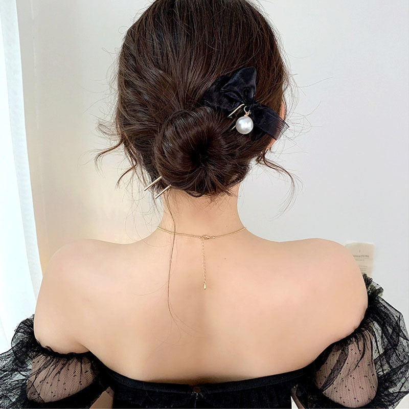 Wenkouban Fashion Big Pearl Lace Ribbon Bow Hair Sticks For Women Hair Accessories Korean U Metal Ponytail Holder Simple Hairpin Headwear