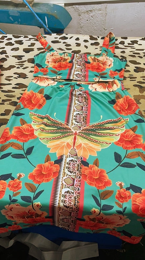 Wenkouban  2022 summer new elegant blue butterfly floral vest printed skirt