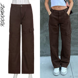 Graduation Gifts Brown Vintage Baggy Jeans Women 90s Streetwear Pockets Wide Leg Cargo Pants Low Waist Straight Denim Trousers 2021