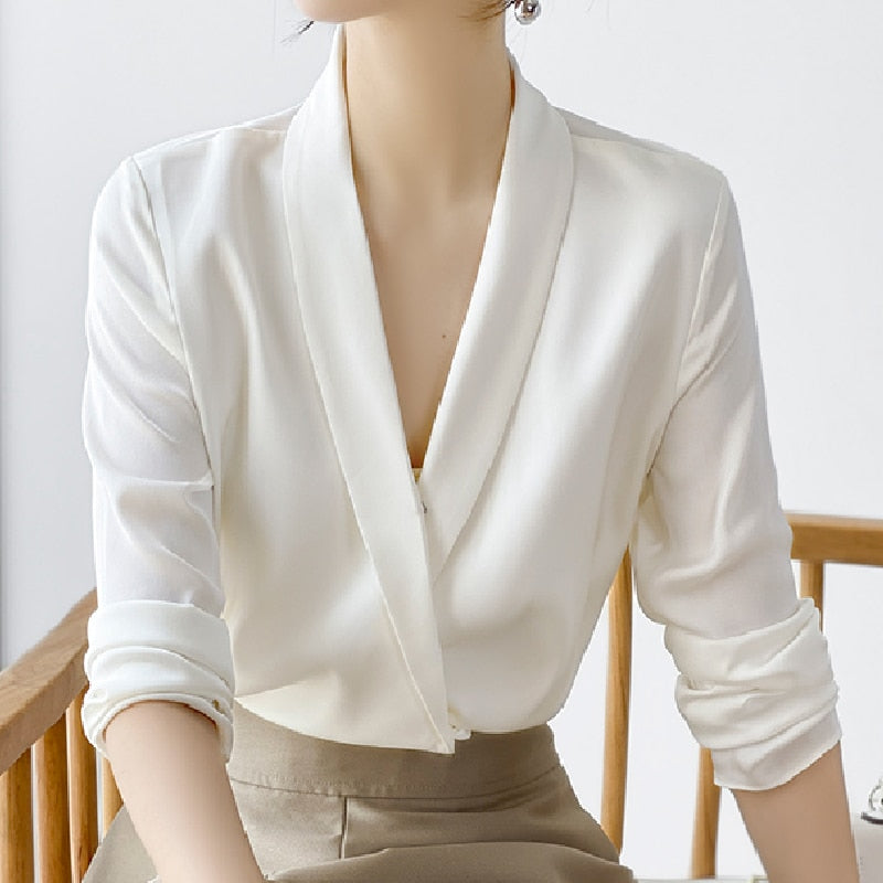 Graduation Gifts   Office Lady Long Sleeve White Blouse Tops New Autumn Fashion Silk Women Shirts V-Neck Chiffon Satin Blouse Blusas Mujer 17798