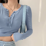 Graduation Gifts  Korean Style Slim Solid Color Bottomed Tops Half Open O-neck Long Sleeve Short Women Open Navel T-shirt Mo2s