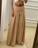 WENKOUBAN European and American new style casual solid color open fold wide-leg pants