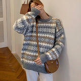 Wenkouban Knitted Sweater Women Oversized Argyle Pullover Vintage Jumper Long Sleeve Knitwear Autumn Winter Warm Tops Style Chic Sweater