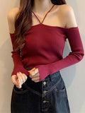 Wenkouban Harteen Slim Without Shoulder Crop Sweater Long Sleeve Top Female Chic Knitted Short Tops Soild All-Match Girl Halter Sweaters