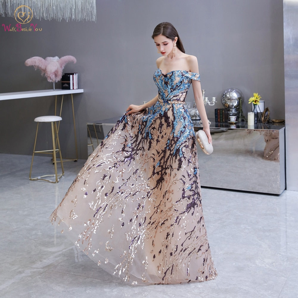 Sexy Prom Dress 2021 Colorful Sequin Off Shoulder Sweetheart Long Party A Line Formal Graduation Gown Evening Celebration Dress