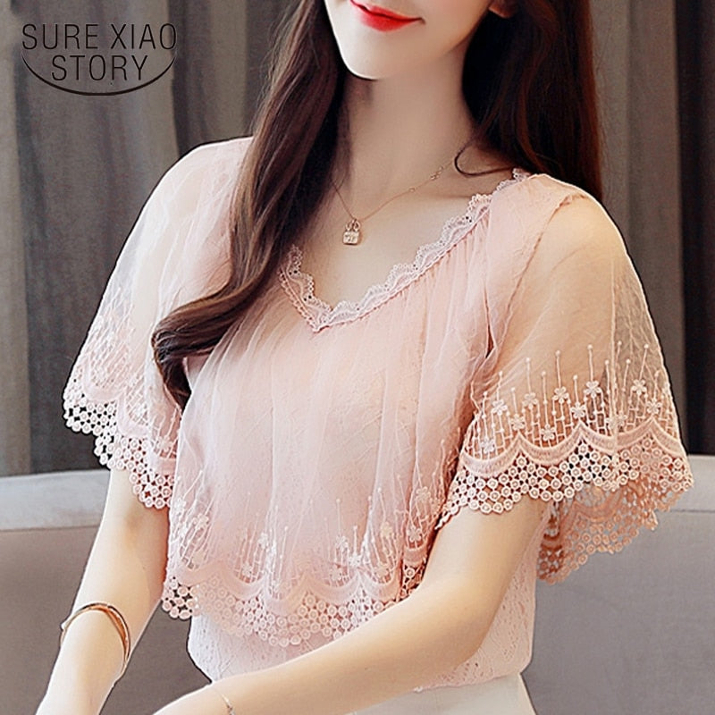 Graduation Gifts  Women Tops and Blouses Summer Lace Blouse Shirt Fashion Women Blouses New 2022 Short Sleeve Lace Top Blusa Feminina 0788 30