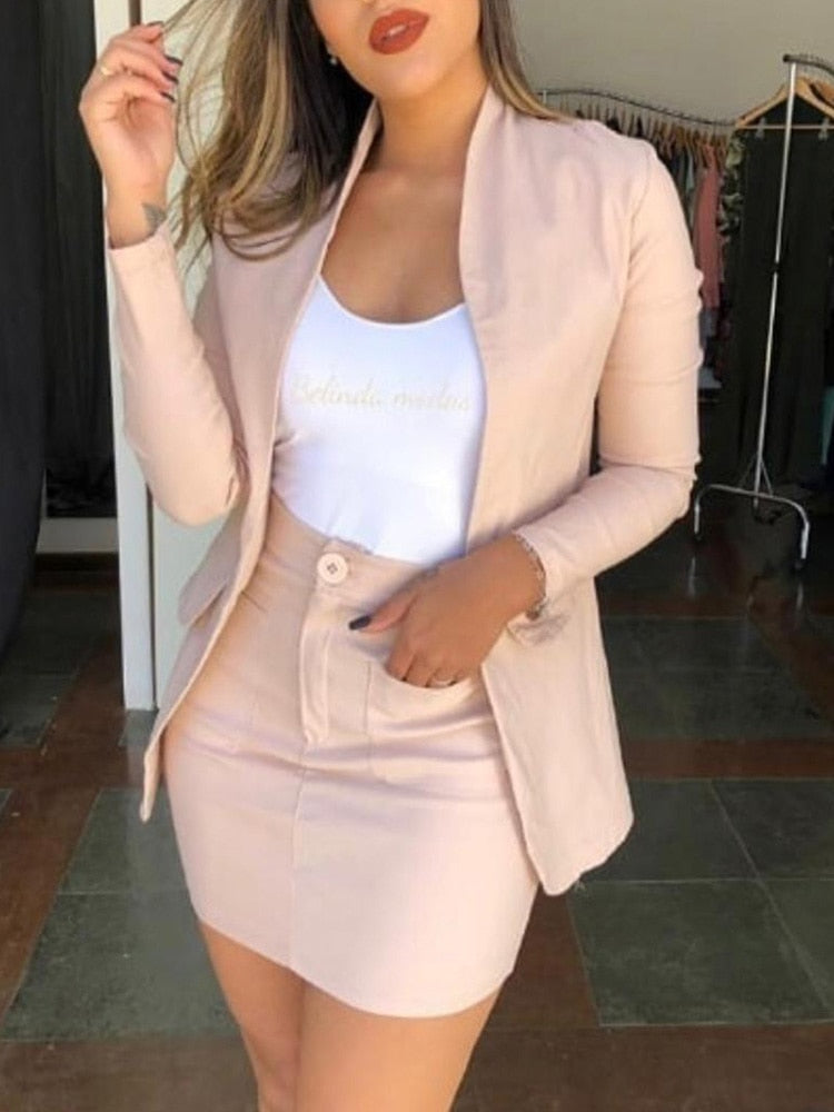 Wenkouban  2022 Elegant Femme Solid Two Pieces Suit Sets Office Lady Outfits Overalls Traf Women Solid Blazer & Pocket Skirt Sets