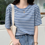 Wenkouban Summer New Striped T Shirt Women Fashion Korean Loose Tshirt Top O Neck Casual Basic Tee Shirt Female Short Sleeve Tee T-Shirt
