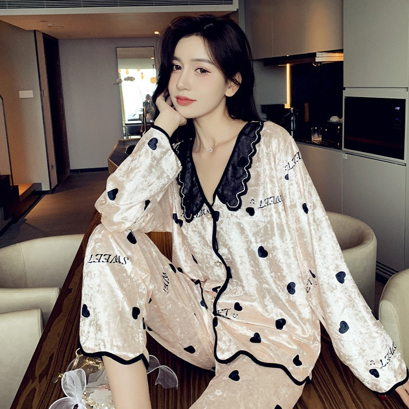 Wenkouban Women's Pajamas Set V Neck Fashion Letters Print Sleepwear Luxury Silk Like Nightwear Casual Homewear Женские пижамы
