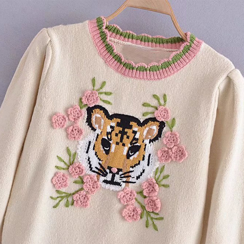 Women's 2022 Fashion New Cartoon Pattern Embroidery Cropped Knitting Sweater Casual Round Neck Retro Female Chic Pullover