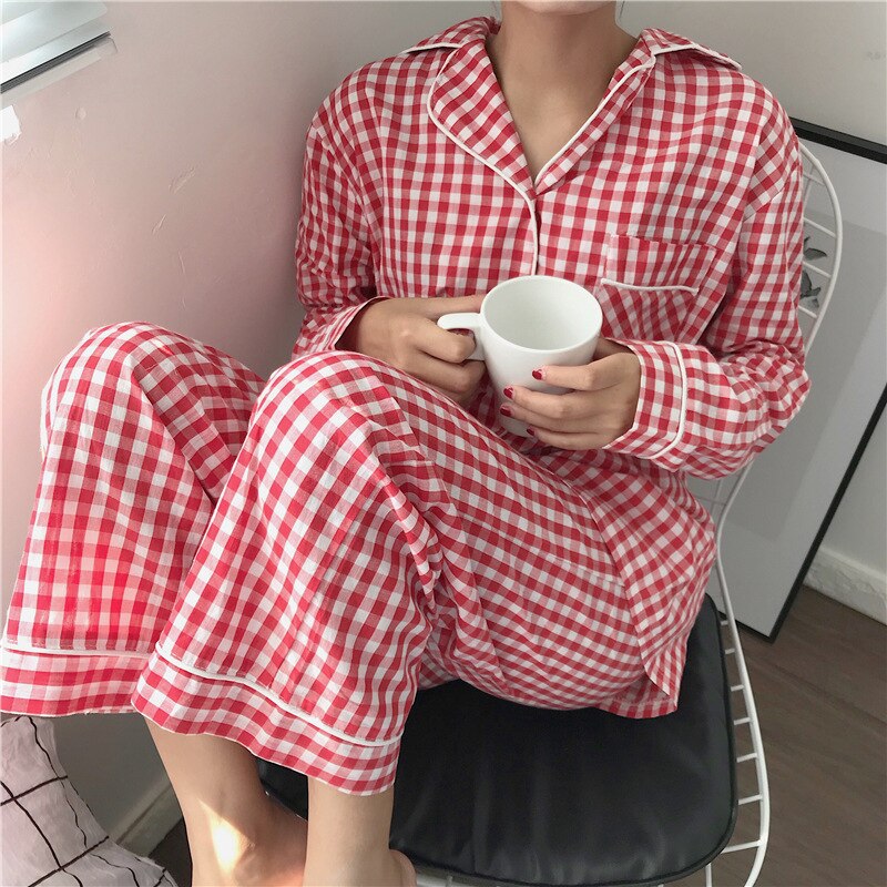 Wenkouban Cute Grid Girls Pajamas Set Korean Autumn Winter New Long Sleeve Leisure Sleepwear Women Loose Nightwear Homewear Suit
