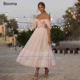 Wenkouban Blush Pink Short Prom Dresses 2022 Off Shoulder Tiered Skirt A-Line Party Dresses Pleated Tea-Length Tulle Formal Gowns