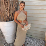 Graduation Gifts  Sexy Vacation Outfits Knitted Halter Maxi Dresses for Women 2021 Elegant Dress Sets Holiday Beach Sundresses C76-CZ25