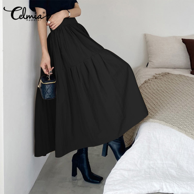 Fashion Women High Waist Skirt Pleated A-line Swing Party Skirt 2022 Autumn Casual Loose Holiday Zipper Solid Midi Skirts