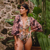 Wenkouban New One Piece Swimsuit Print Retro Long Sleeve Swimwear Women Bandage Floral Bathing Suits Strappy Backless Beach Wear