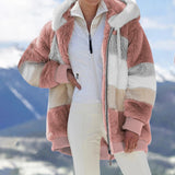 Wenkouban Winter women jacket fashion Plush patchwork zipper pocket winter Hooded jacket retro loose Long Sleeve Plus Size Women Top Coat