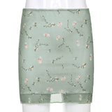 Wenkouban   New 2022 Light Green Floral Printed Two-Layers Y2k Mini Skirts Harajuku 90S Korean Retro Straight Women Aesthetic Summer Outfits