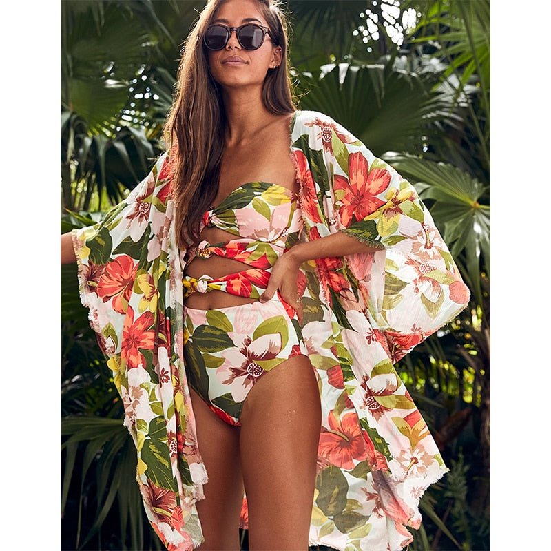 Beach Wear Print Bikini Swimwear Women Wrap Skirt Swimsuit High Waist 2022 Cover Up Sexy Sarong plage Beach Wear Bathing Suit