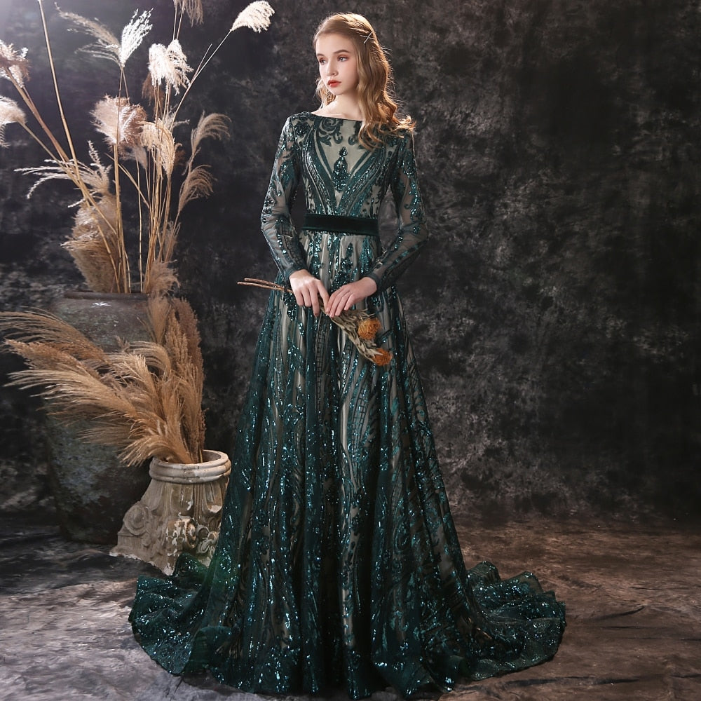Wenkouban    Long Evening Dresses 2023 Elegant Muslim Mermaid Long Sleeve Sequined Hunter Green Prom Party Formal Gown
