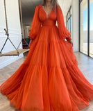 Sevintage Long Puff Sleeves Prom Dresses V-Neck Pleats Chiffon Princess Evening Gowns Women Party Dress Plus Size 2022