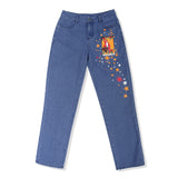 Womens Jeans Star Cartoons Pattern Printed 2022 Autumn Winter Denim Trousers fit Young Girl Vintage Cute female Jeans Pant Blue