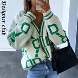 Wenkouban Back To School Women Cardigan Green Striped Pink Knit Button Lady Cardigans Sweaters V-Neck Loose Casual Winter Fashion Knitted Coat