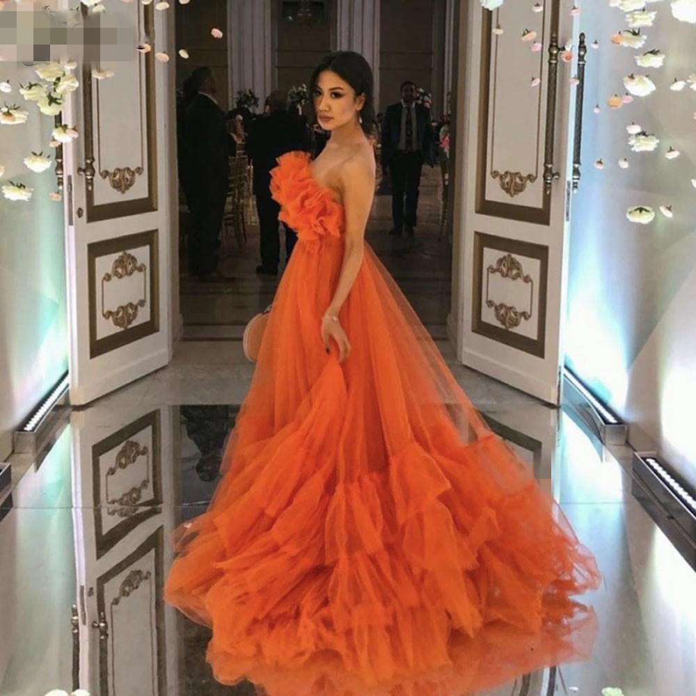 Sevintage Orange Ruffles Tulle Evening Party Dresses Strapless Tiered Plus Size Prom Dresses 2021 A Line Special Occasion Gowns
