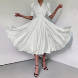 Sexy V-Neck Elegant Satin Shirt Dress 2022 Women Summer Sundress Casual Puff Sleeve Bandage Pleated Solid Party Vestidos