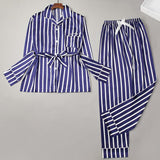 Women's Rayon Silk Pajamas Sexy Stripe Sleepwear Set Women  Pajama Set 2Piece/Suit Top Long Sleeve Belt Shirt Pant Big Homewear