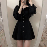 Wenkouban Vintage Gothic Black Dress Women Autumn Long Sleeve Lace Up Goth Party Dresses Female Sexy V-Neck High Waist Mini A-Line Dresses