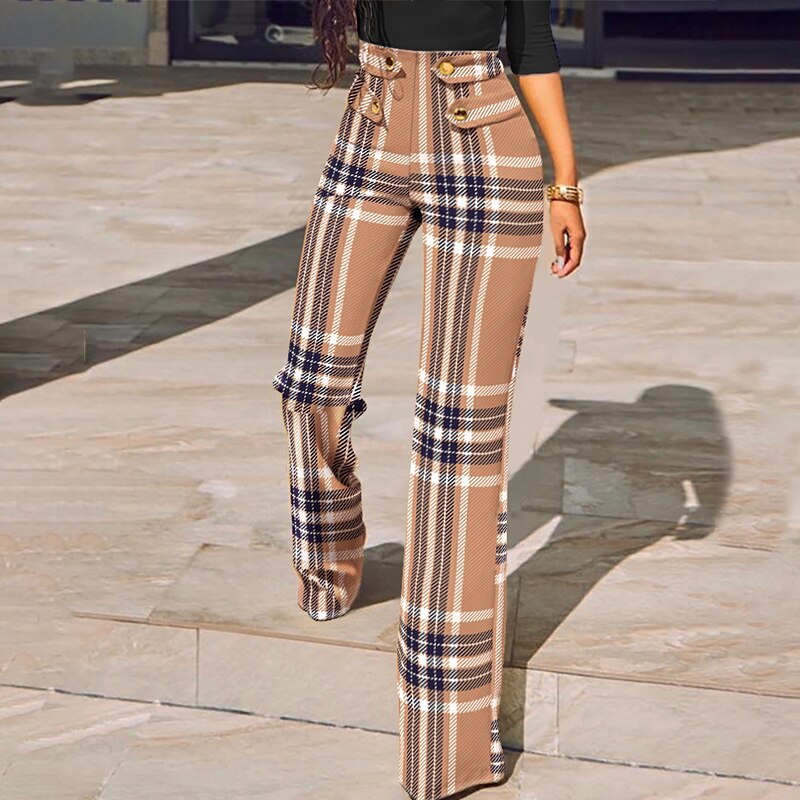 Graduation Gifts  2022 Autumn Casual Women Trousers Fashion Leggins Houndstooth Print Buttoned High Waist Wide Leg Tailored Pants