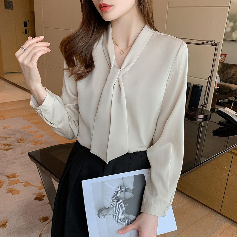 Graduation Gifts  2022 New Office Lady Elegant Shirt Green Satin Blouse Women Long Sleeve Fashion Bow Tie Ribbon Tops Clothes Blusa Mujer 16707