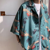 Wenkouban 2023 Japanese Streetwear Harajuku Shirts Men Hiphop Oversized Grus Japonensis Printed Shirts Short Sleeve Casual Tops