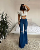 Wenkouban  2023  Graduation Gifts New Women Denim Flared Pants High-waisted Button Holes Ripped Bodycon Bell-Bottoms Trousers Solid Tight Summer Clothing