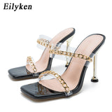 Wenkouban Clear PVC Transparent High Heel Slippers Summer Fashion Chain Design Slip On Square Toe Slides Women Mules Pumps
