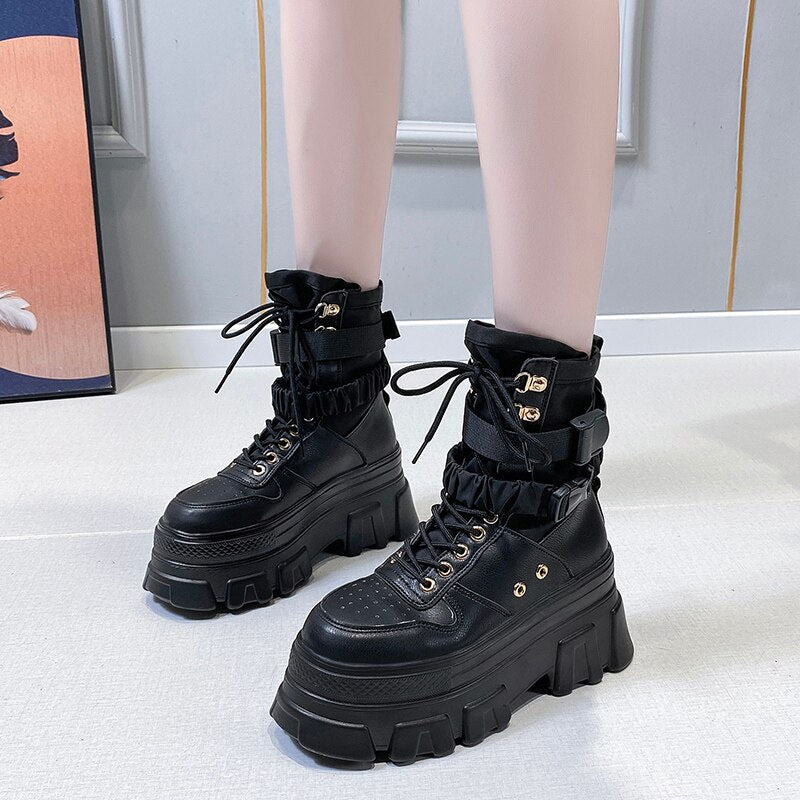 Wenkouban Punk Style Women Ankle Boots Thick Sole Short Booties Buckle Straps Platform Shoes Woman Ladies Knight Boot Autumn Botas Mujer