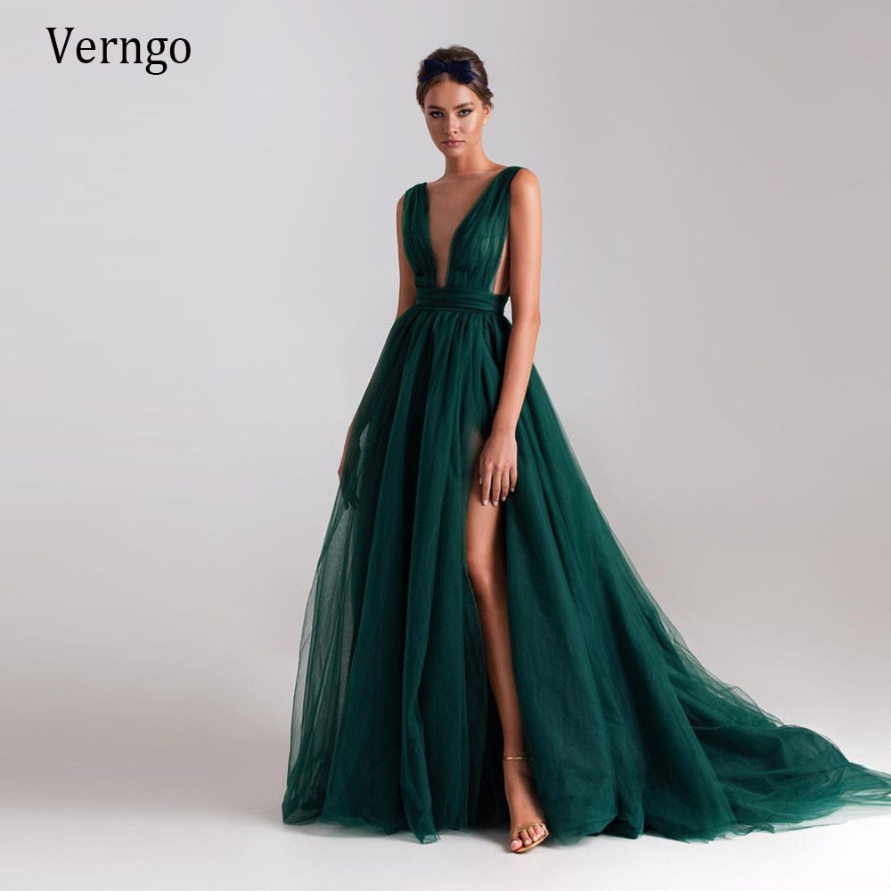 Verngo Modern Dark Green Tulle A Line Long Evening Dresses Sheer Neck High Side Slit Sexy Prom Gowns Women Special Occasion Wear