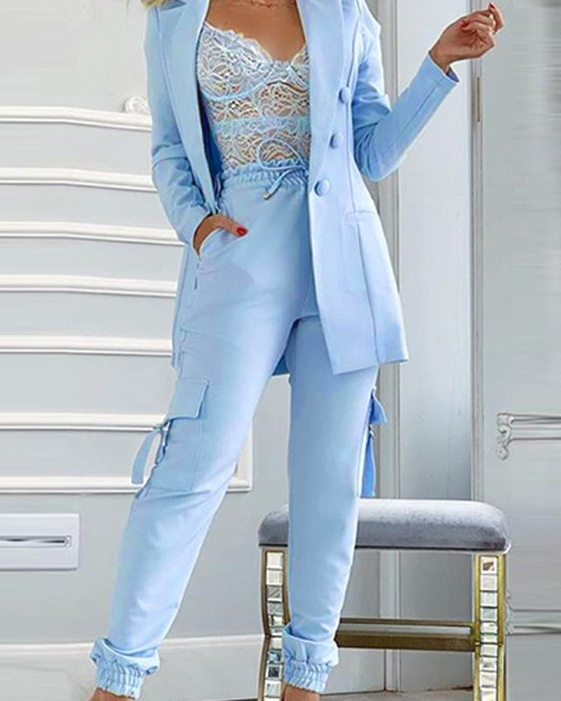 Wenkouban 2023 new ladies' temperament commuter 2-piece button suit jacket and pocket design pants suit