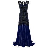Vestidos Vintage Mujer Sequins Beading Long Evening Dresses Formal Round Neck Lace Long Sexy Women Party Special Occasion