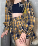 Wenkouban Youth Stitching Contrast Color Plaid Beautiful Wild One-Line Collar Long-Sleeved Short Top With A-Line Skirt 2 Two-Piece