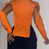 Wenkouban  Fall 2022 Fashion Womens Orange Cut Out Sexy Party Tops Long Sleeve Blouse Solid Color Button Up Shirt