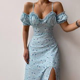 Graduation Gifts Women’s Off Shoulder Frilly Suspender Dress Party Summer Ladies Short Sleeve V-neck Split Mid-length Dress Floarl A-Line