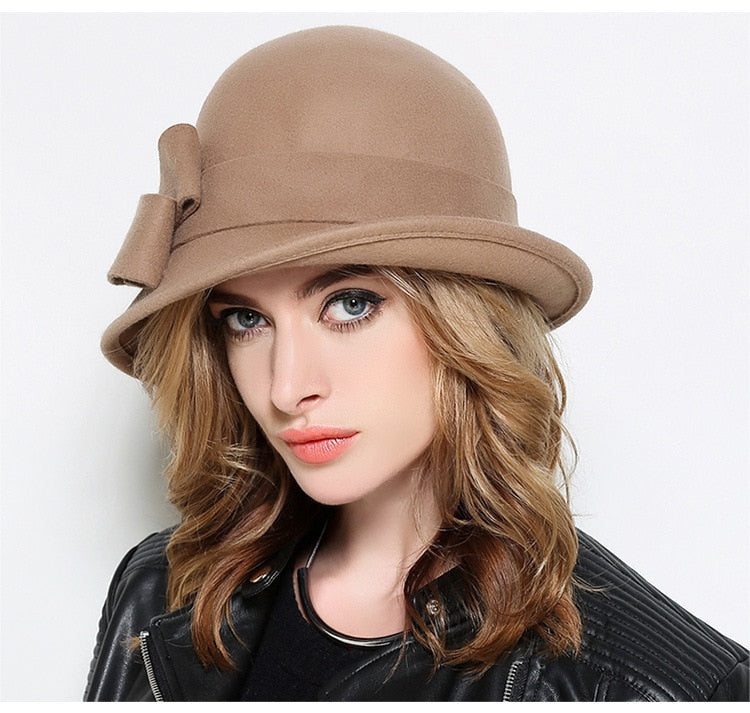 Women Party Formal Headwear Lady Winter Fashion Asymmetric Bowknot 100% Wool Felt Hats