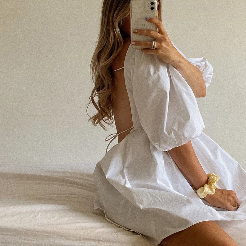 Wenkouban   Sexy Backless Lace Up Mini Dresses Boho White Puff Sleeve Sweet Dress Chic Women Elegant Lady For Wedding Party Summer Clothes